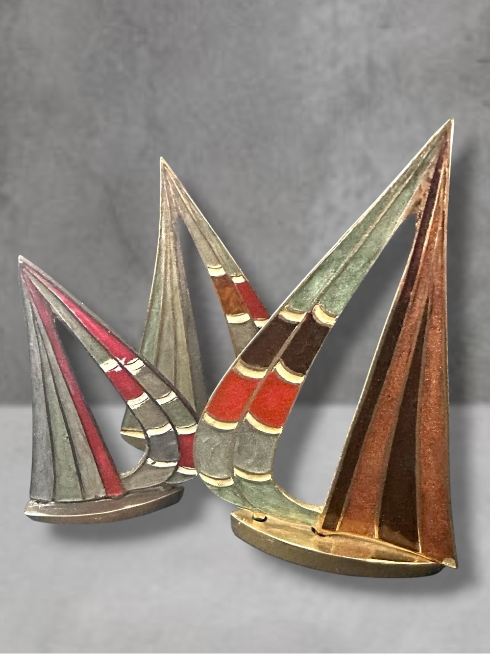 SET OF 3 VINTAGE Brass ENAMEL Sailboat's